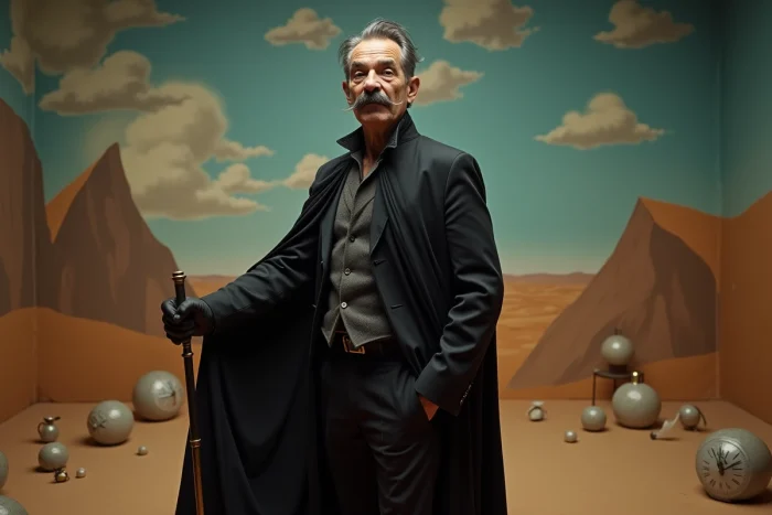 Artiste excentrique avec une moustache cirée et une cape noire dans un décor surréaliste inspiré de l'univers de Salvador Dalí