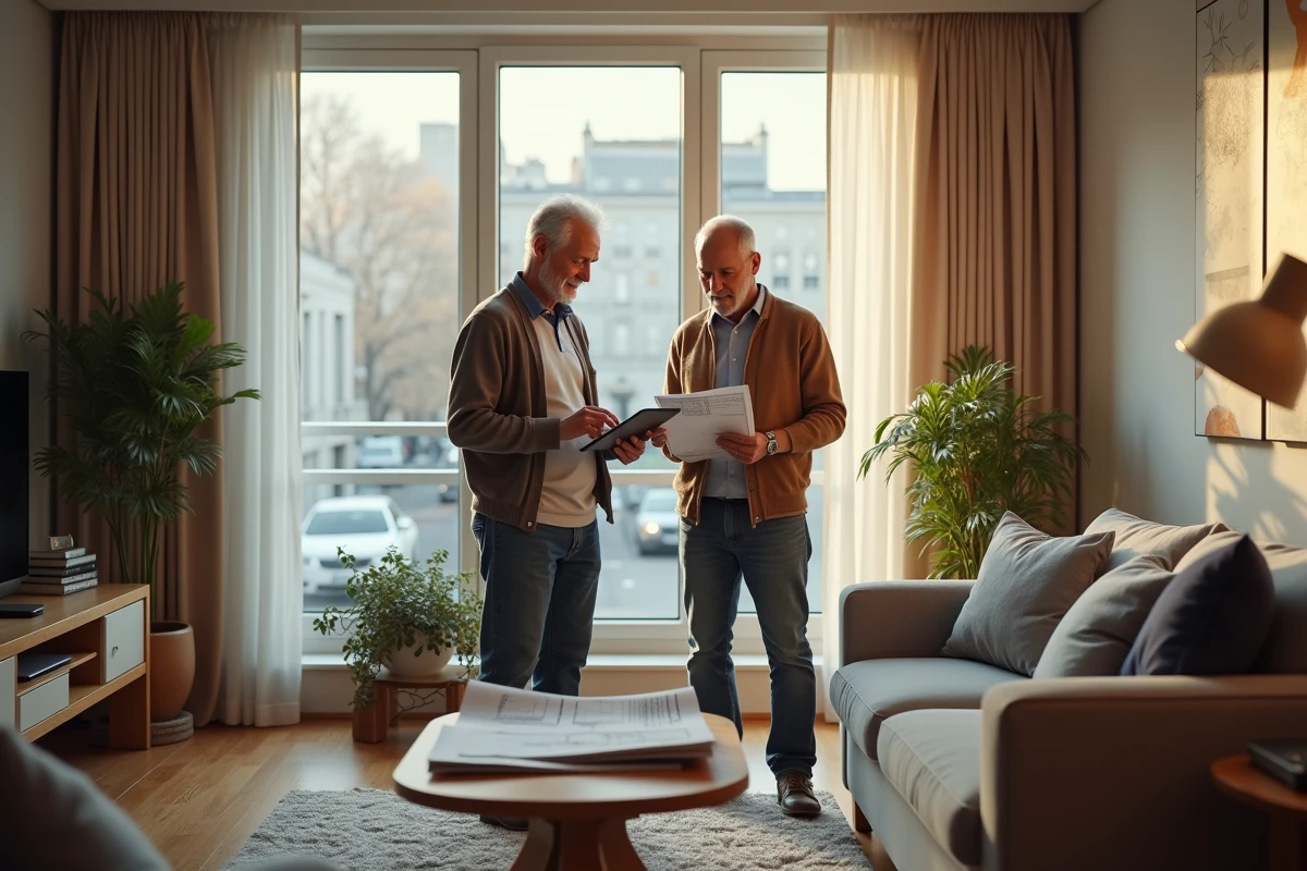 Technicien et homme agee examinant plans de renovation sur tablette