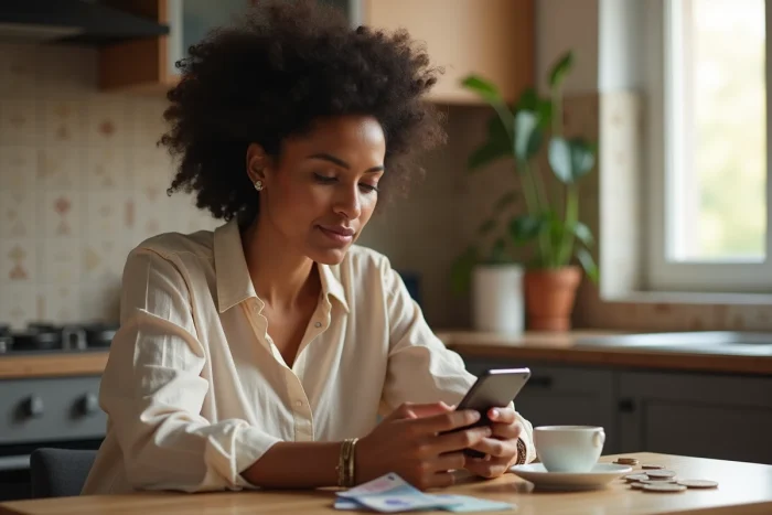 Femme utilisant une application mobile de transfert d'argent international depuis son domicile avec des billets en euros sur la table