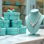 Vitrine Tiffany and Co avec boîtes bleues iconiques et collier en diamants sur comptoir en marbre dans une boutique de luxe