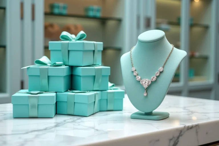 Vitrine Tiffany and Co avec boîtes bleues iconiques et collier en diamants sur comptoir en marbre dans une boutique de luxe