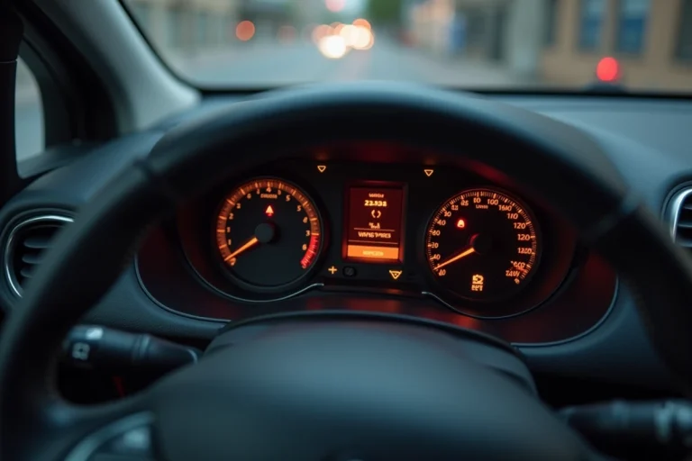 Voyants du tableau de bord Peugeot 208 allumés en rouge et orange, signalant des alertes moteur et de sécurité