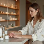 Femme testant des soins visage dans une boutique élégante