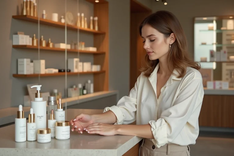 Femme testant des soins visage dans une boutique élégante