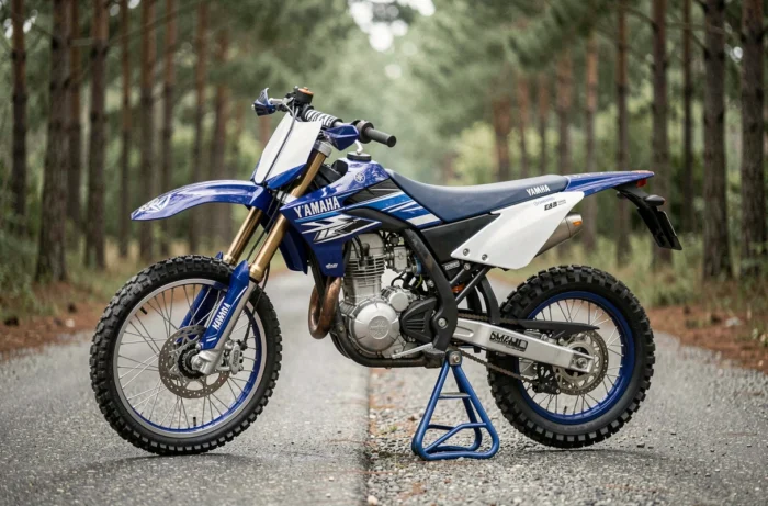 Yamaha WR 125 X en livrée bleue et blanche stationnée sur une route asphaltée traversant une forêt de pins